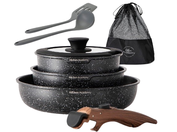 Kitchen Academy Detachable Handle Induction Cookware Sets - 10 Piece Non-stick Cooking Pots and Pans, Black Granite Stackable RV Cookware for Camp