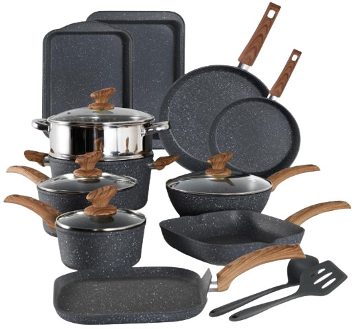 Kitchen Academy Induction Cookware Set-17 Piece Non-stick Cooking Pan Set, Black Granite Pots and Pans Set