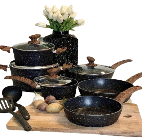 Kitchen Academy Induction Cookware Sets - 15 Pcs Black Hammered Cooking Pans Set, Healthy Granite Nonstick Pots and Pans Set