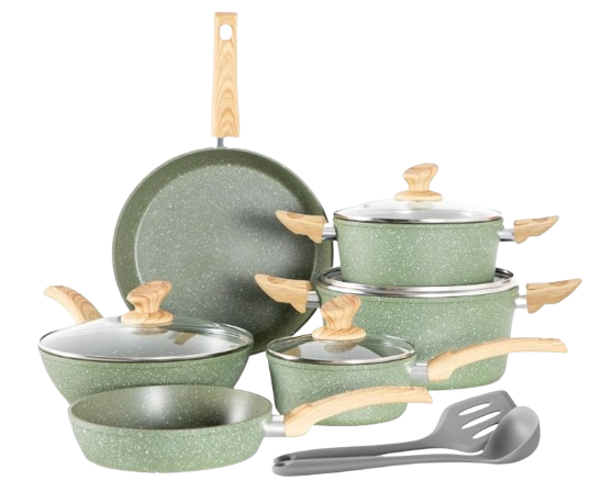 Kitchen Academy Induction Cookware Sets - 12 Piece Green Cooking Pan Set, Granite Nonstick Pots and Pans Set