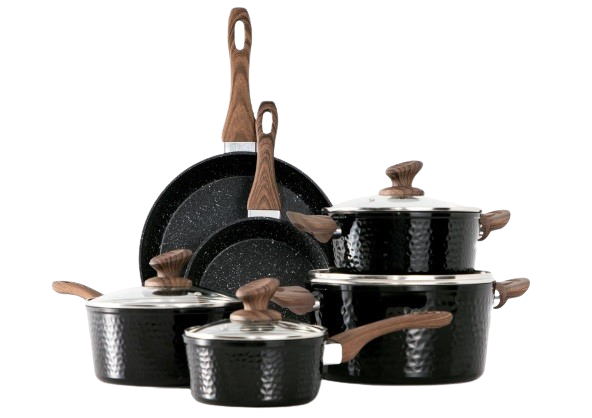 Kitchen Academy Induction Cookware Sets - 12 Piece Cooking Pan Set, Granite Black Nonstick Pots and Pans Set