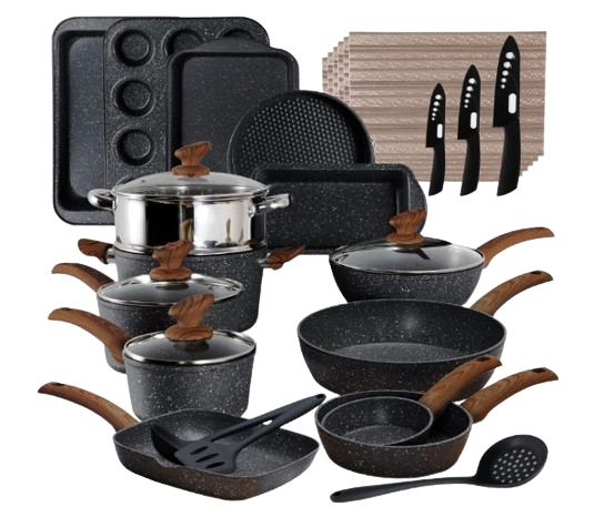 Kitchen Academy Induction Cookware Sets - 12 Piece Gray Cooking Pan Set, Granite Nonstick Pots and Pans Set